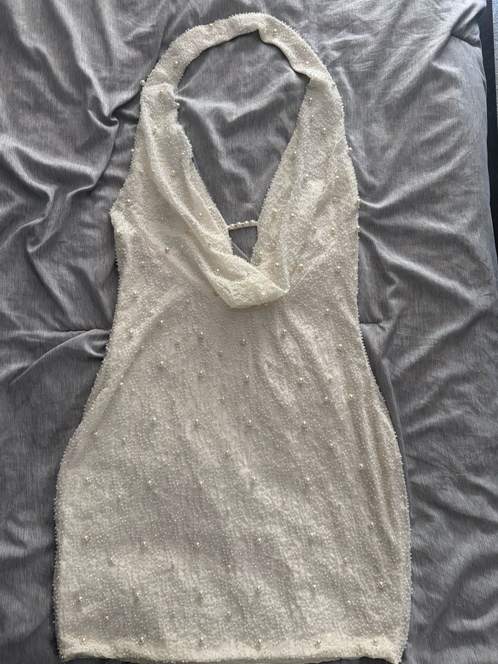 Deep Plunge Embellished Mini Dress in White- Oh Polly - Picture 2 of 3